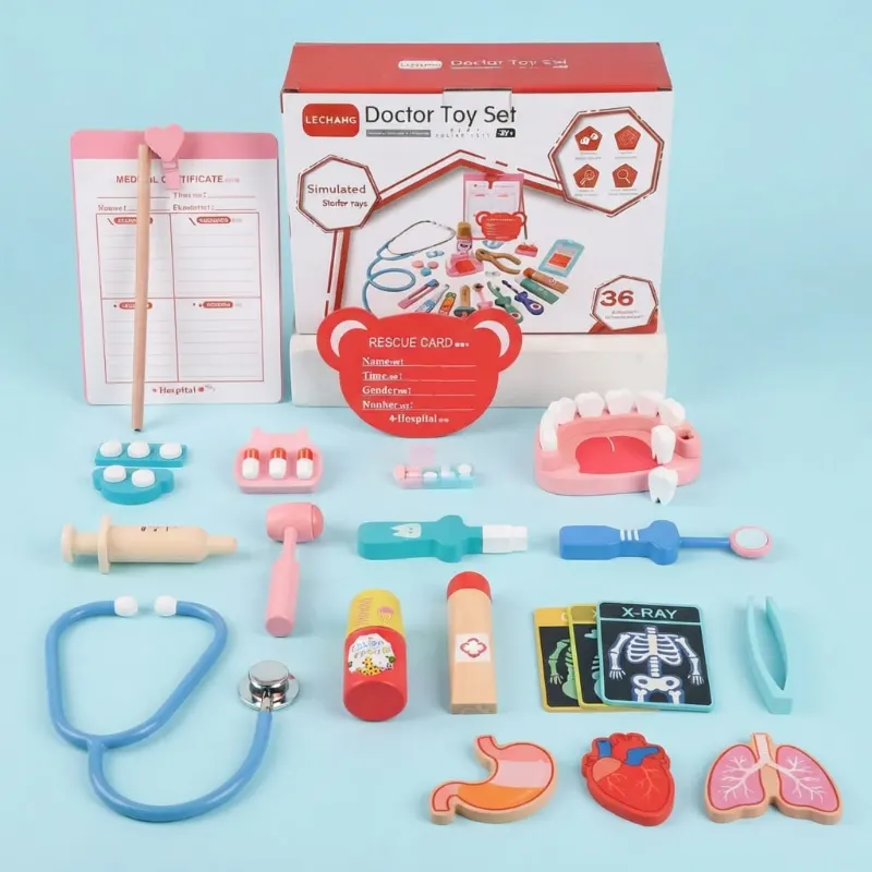 Kids Wooden Doctor Medical Kit with Stethoscope (18 Pcs)