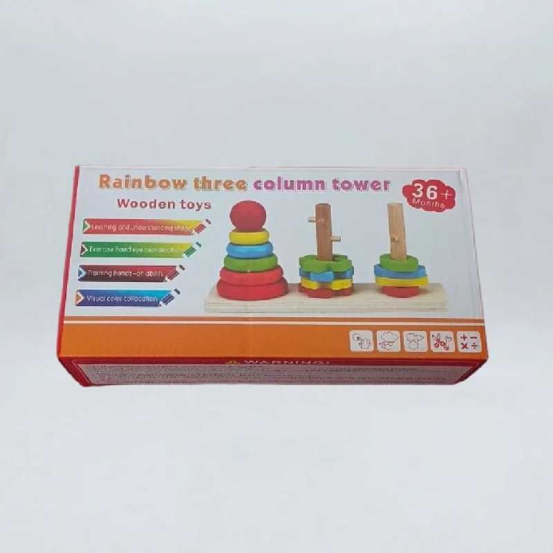 Rainbow Three-Column Wooden Tower Stacking & Sorting Toy