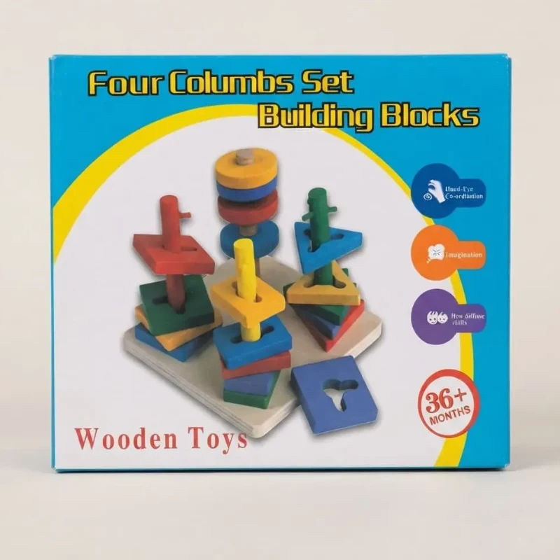 Wooden Geometric Four-Column Shape Sorter & Stacking Peg Board