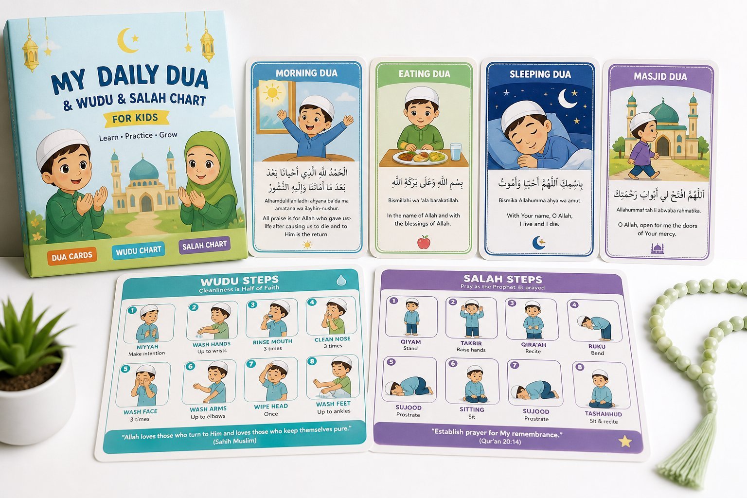 Daily Dua Cards & Step-by-Step Wudu Salah Chart Set