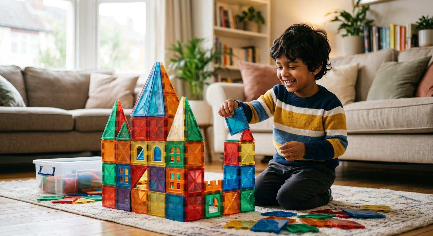Child Playing with Magnetic Tiles