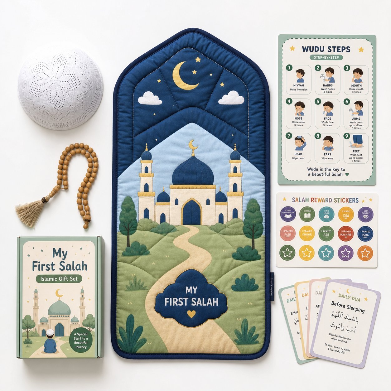 My First Salah Gift Set for Kids - Complete 6-Piece Kit Flatlay
