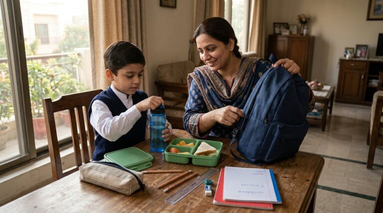 Pakistani mother and son packing a backpack with school essentials