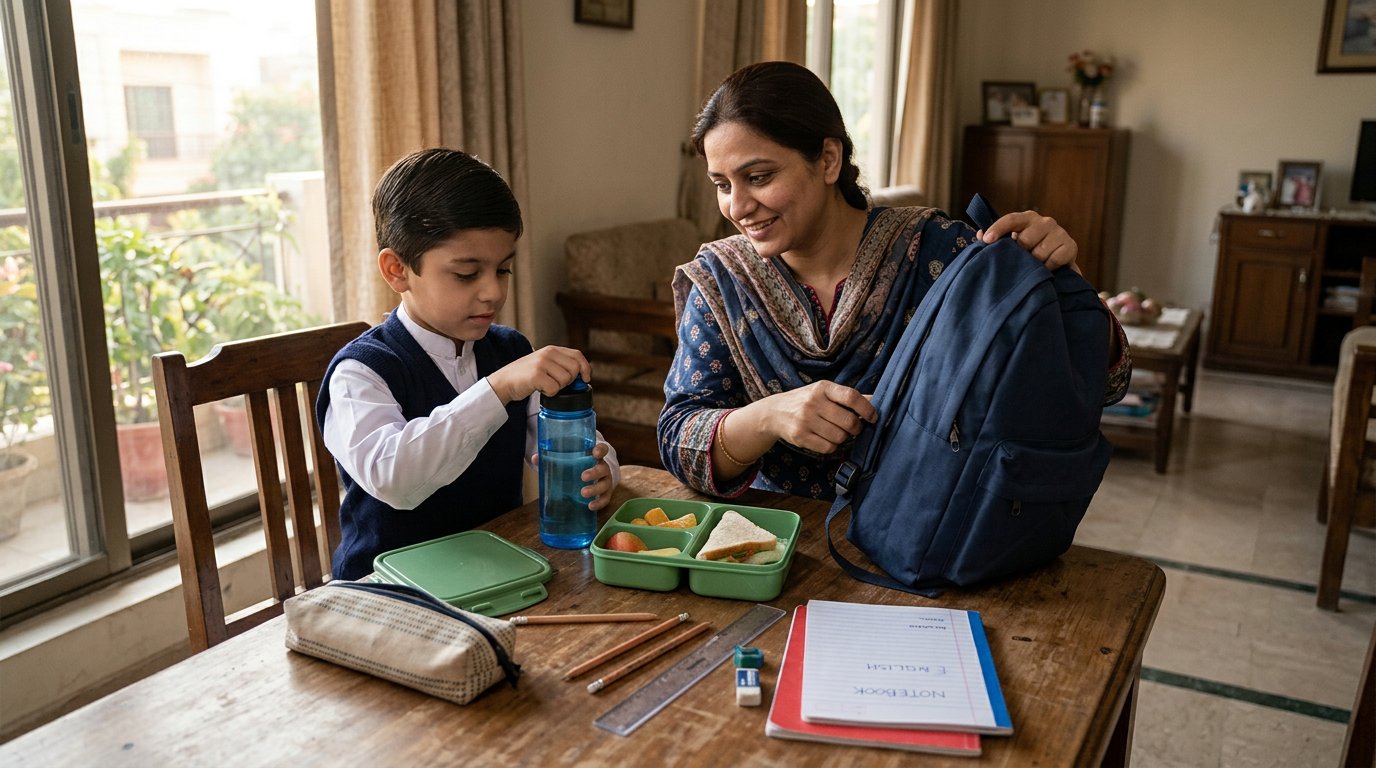 Pakistani mother and son packing a backpack with school essentials