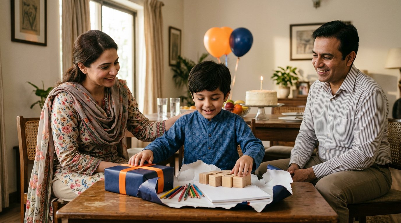 Pakistani family watching a child open a simple activity gift at home