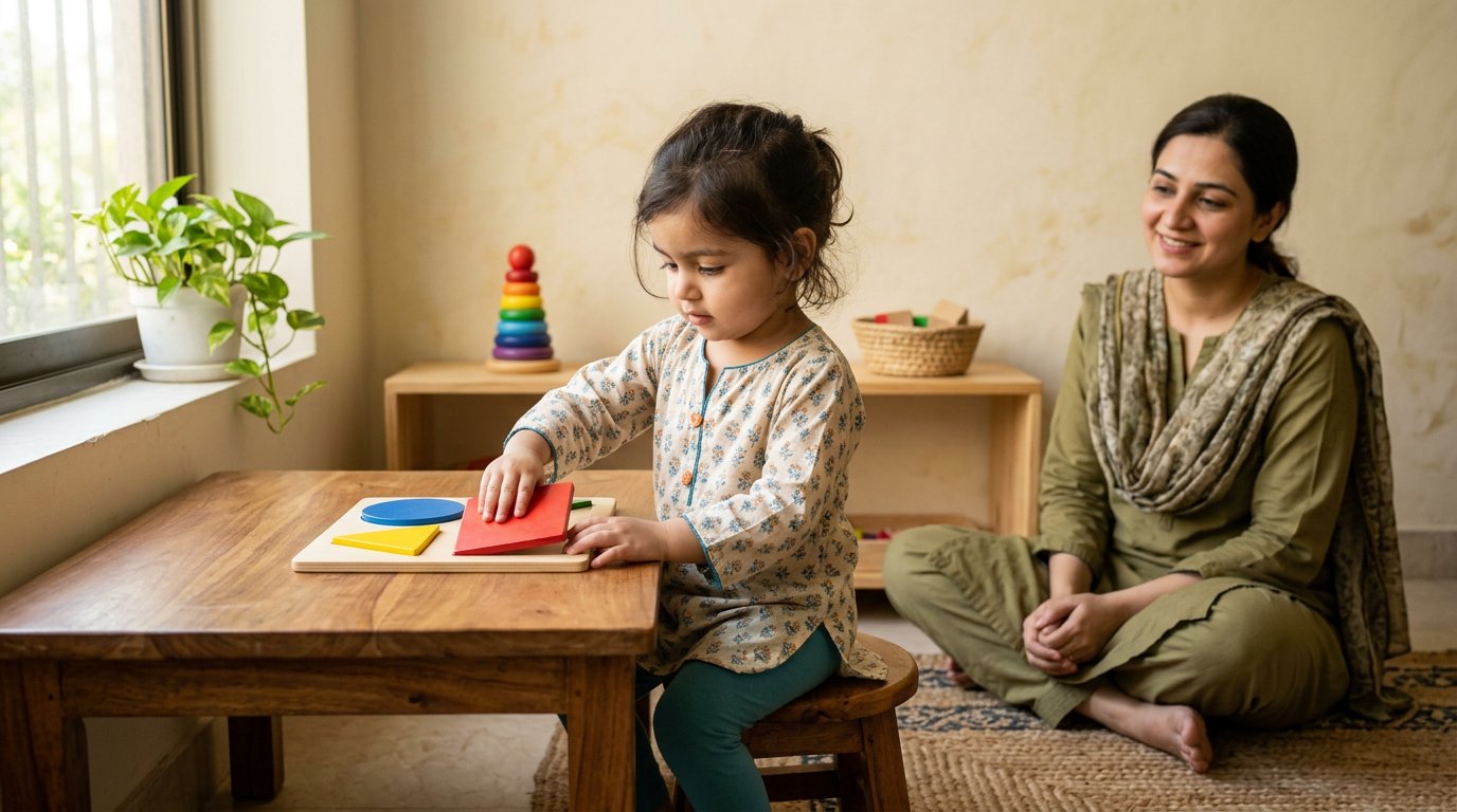 Pakistani toddler independently matching large shapes in a simple home Montessori activity