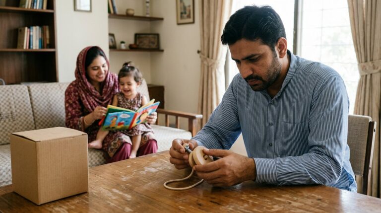 Pakistani father inspecting a wooden toy while a toddler remains safely supervised
