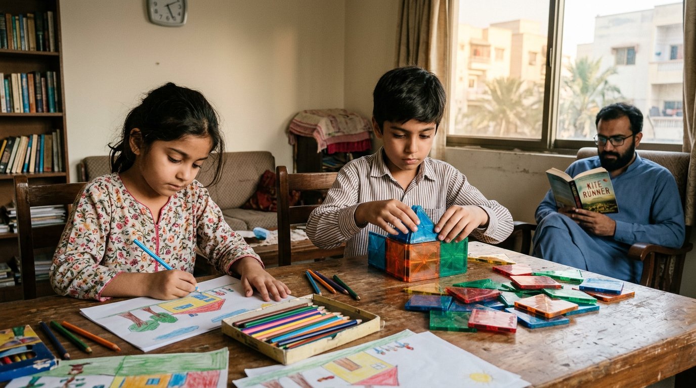 Pakistani siblings drawing and building during screen-free family time