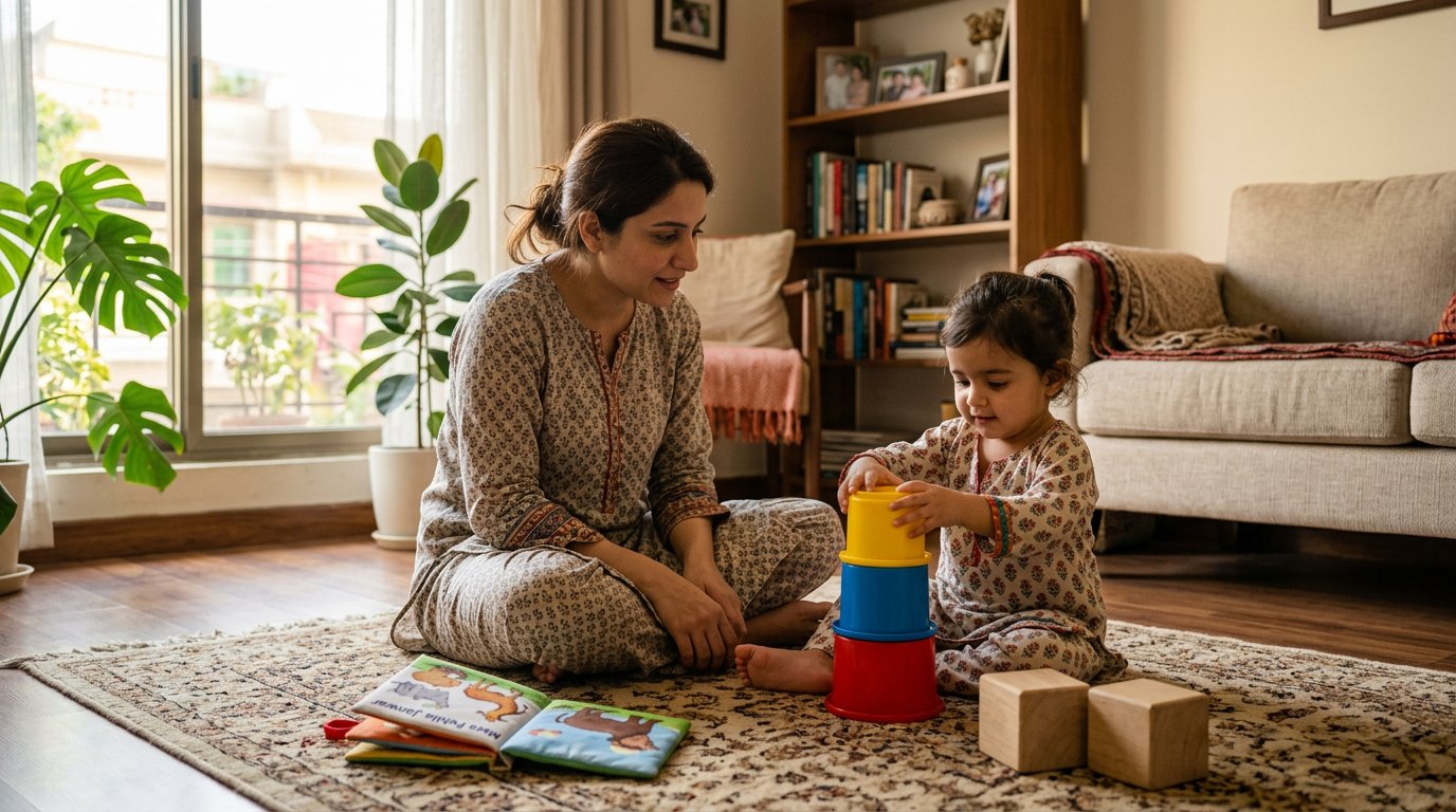 Pakistani mother watching her toddler explore stacking cups, books and large blocks