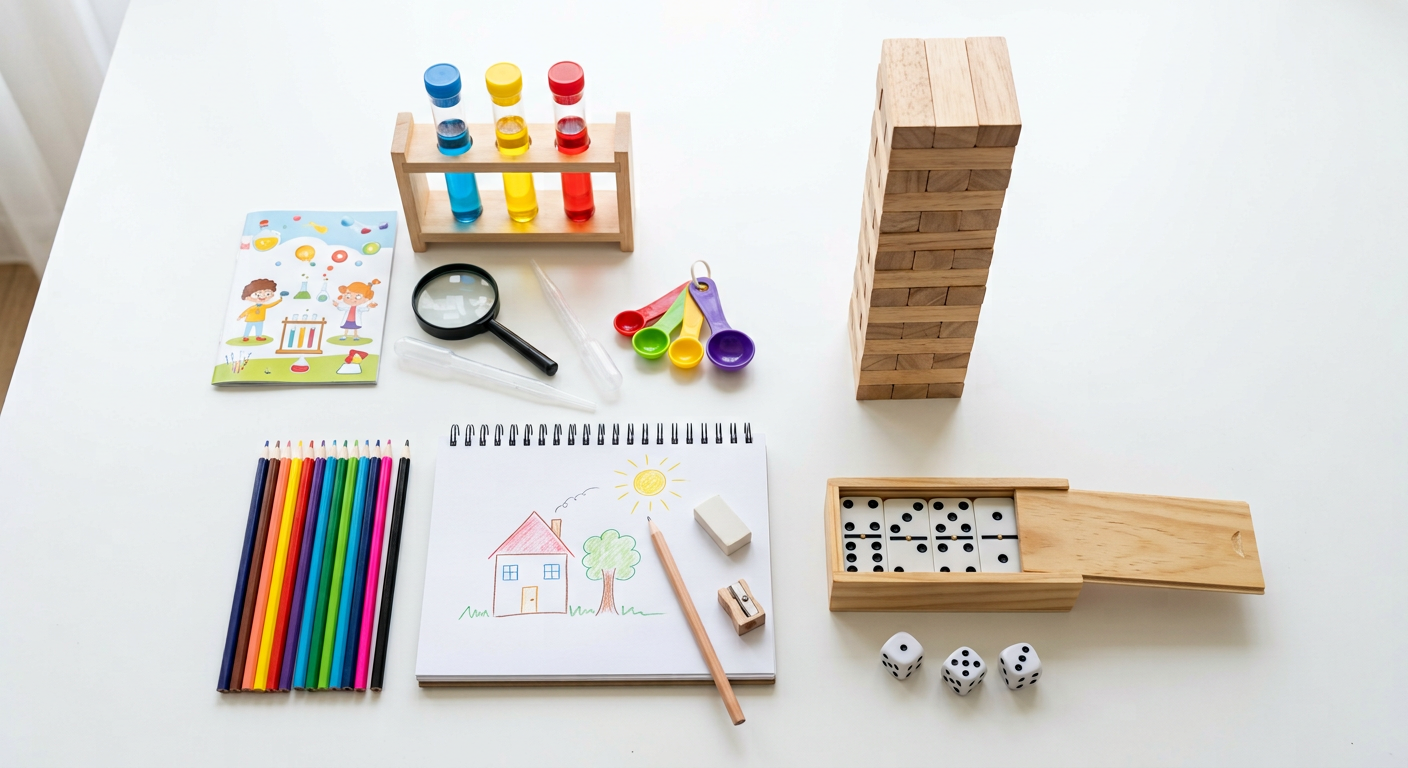 Educational toys for 6–8 year old kids in Pakistan — science kit, wooden stacking game, dominoes and drawing supplies