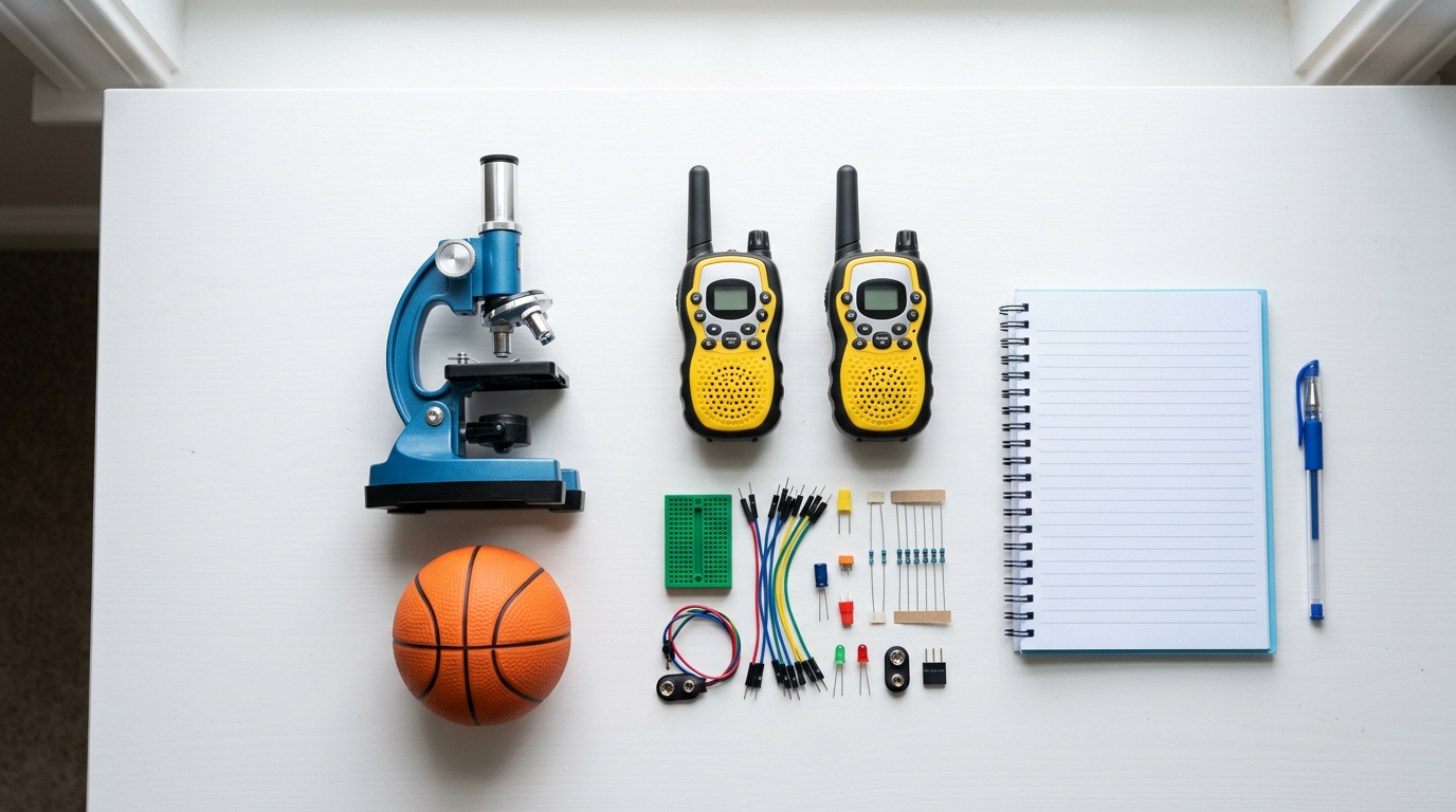 Toys for 9–12 year olds in Pakistan — microscope, basketball, walkie talkies and circuit kit parts