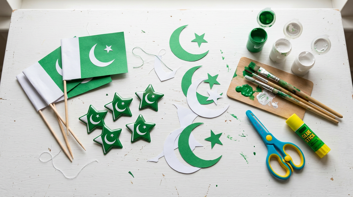 14 August Azadi Day crafts for kids in Pakistan — handmade green and white paper flags, badges, paint and glue
