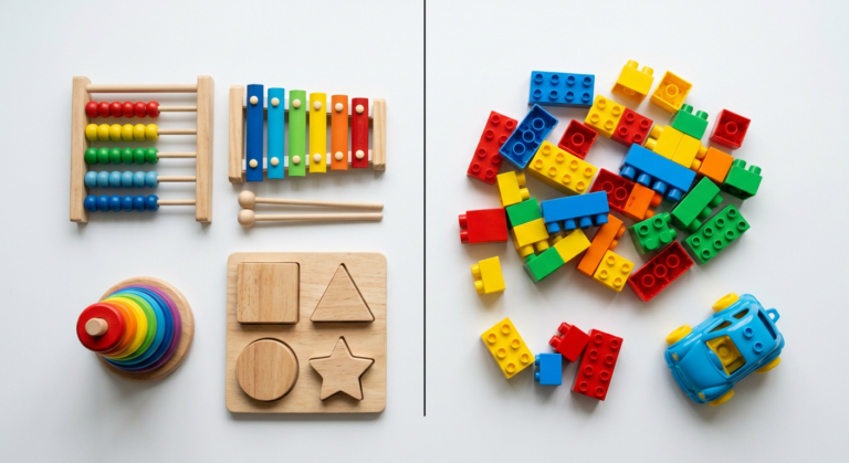 Wooden vs plastic toys comparison — wooden abacus, xylophone and stacking rings beside colourful plastic toys