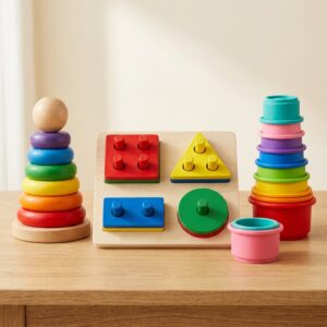 Montessori toddler bundle: rainbow stacker, shape peg board and stacking cups – KidsTown.pk