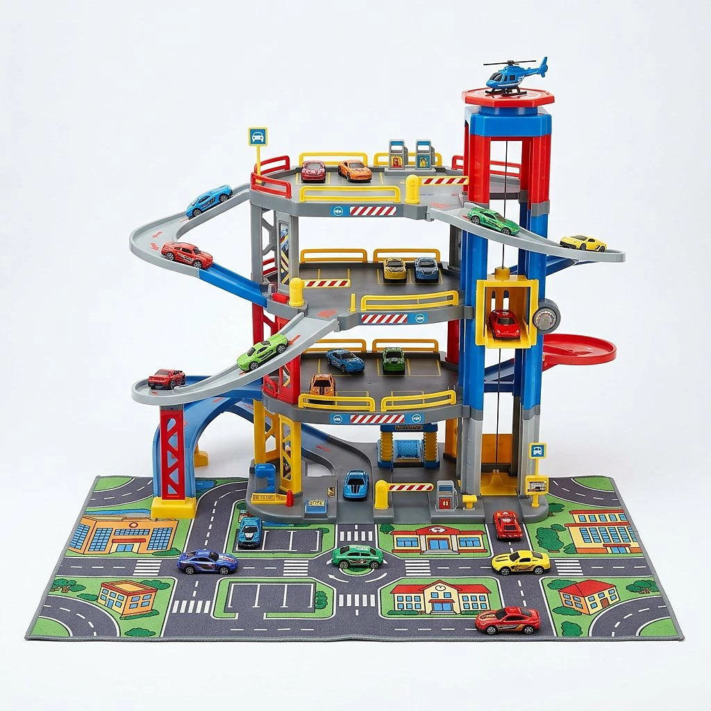 53-Piece Parking Garage Playset with Metal Cars & Road Carpet – Car Parking Lot Toy for Kids with Accessories (Ages 3+) – KidsTown.pk Pakistan