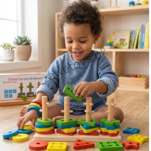 Wooden 4 Column Shape Sorting Tower — Montessori Stacker Toy – KidsTown.pk Pakistan