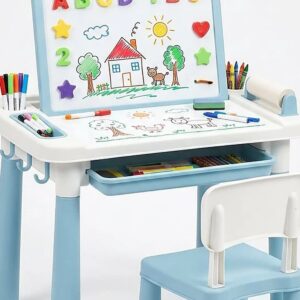 2-in-1 Drawing Learning Desk for Kids | Magnetic Art Easel Table & Chair Set | Educational Writing & Drawing Board for Boys & Girls Age 3+